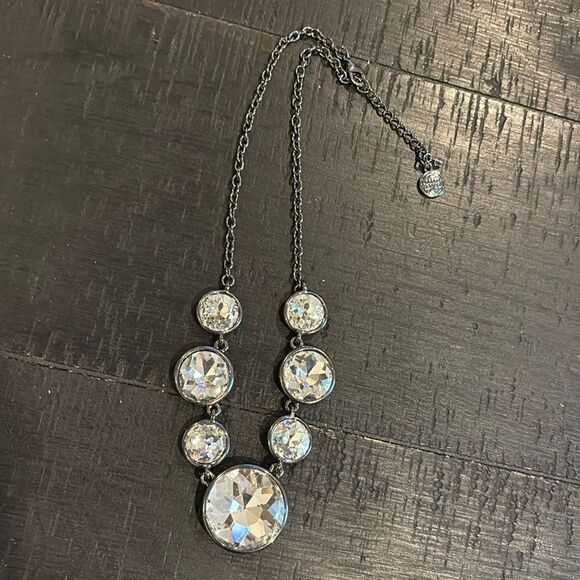 Marked Signed Dark Gray Large Round Clear Circle Crystal Look Necklace - Picture 2 of 6